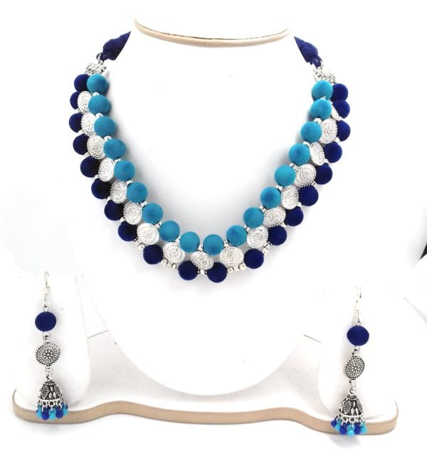 Elegant Necklace Earring Set with oxidized silver metal and Velvet beats (Sky Blue )