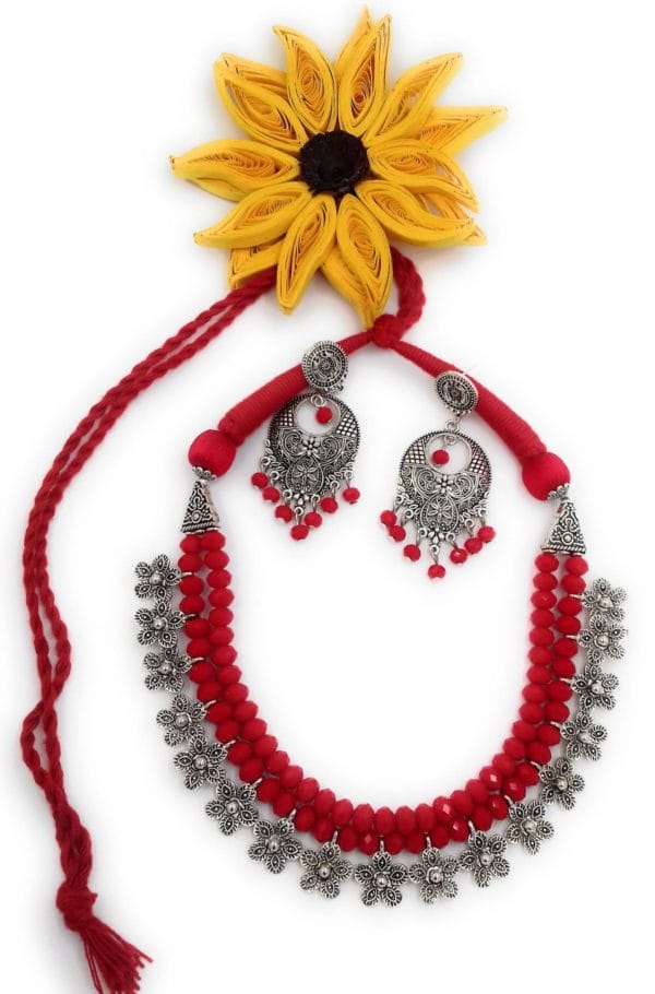 Elegant Necklace Earring Set with Oxidized Silver Metal & Crystal ( Red) - Image 2