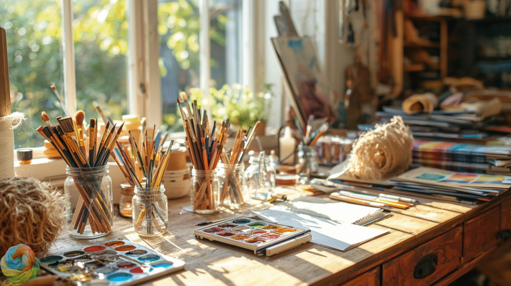 Creative art and craft workspace with painting and handmade materials