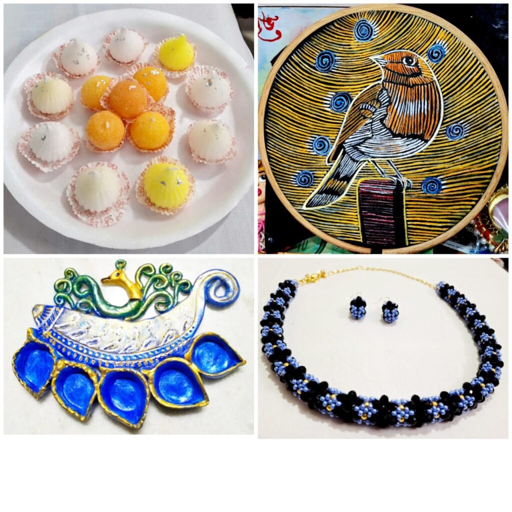 Highlights of Pre-Puja Exhibition 2025 including terracotta jewellery, jute crafts, and Puja-themed creations.