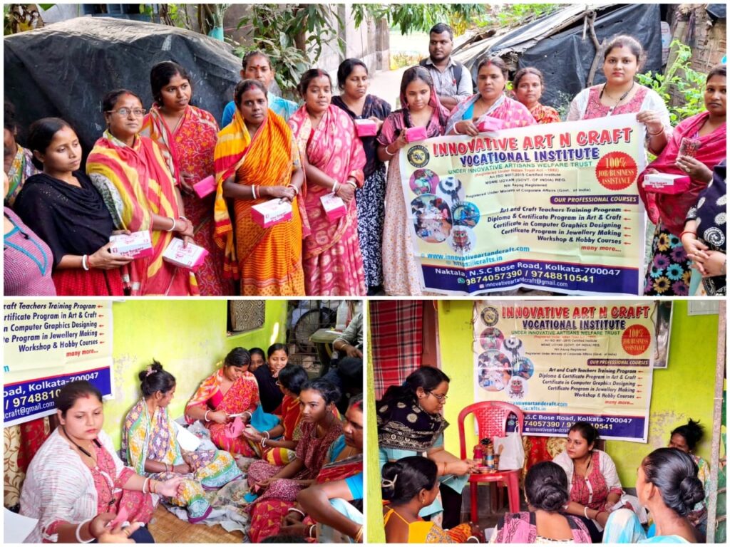 Women learning and creating crafts to develop skills and build careers through professional training courses.